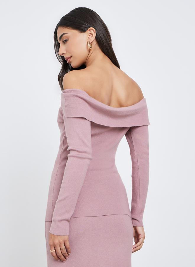 ستايلي بلوزة محبوكة سادة بأكتاف مكشوفة وتفاصيل ملفوفة - Image 4